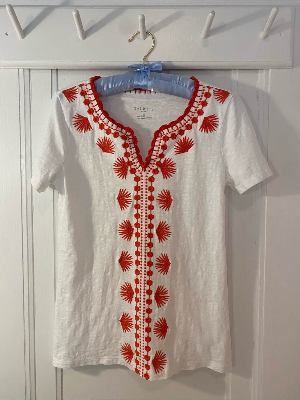 Talbots cotton top with reds embroidery